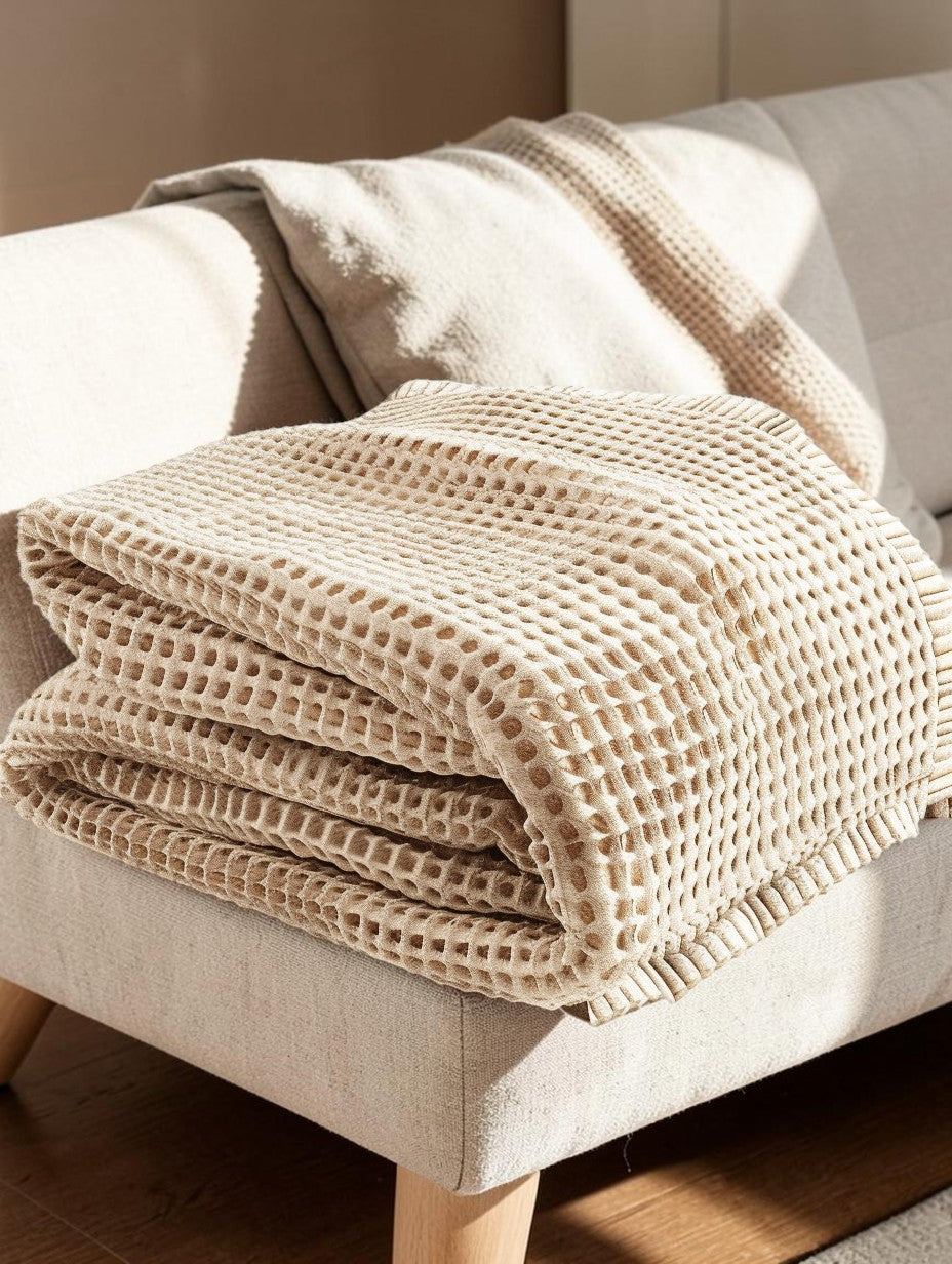 kovarn Premium Waffle Weave Cotton Throw Blanket – Lightweight Breathable Sofa Blanket