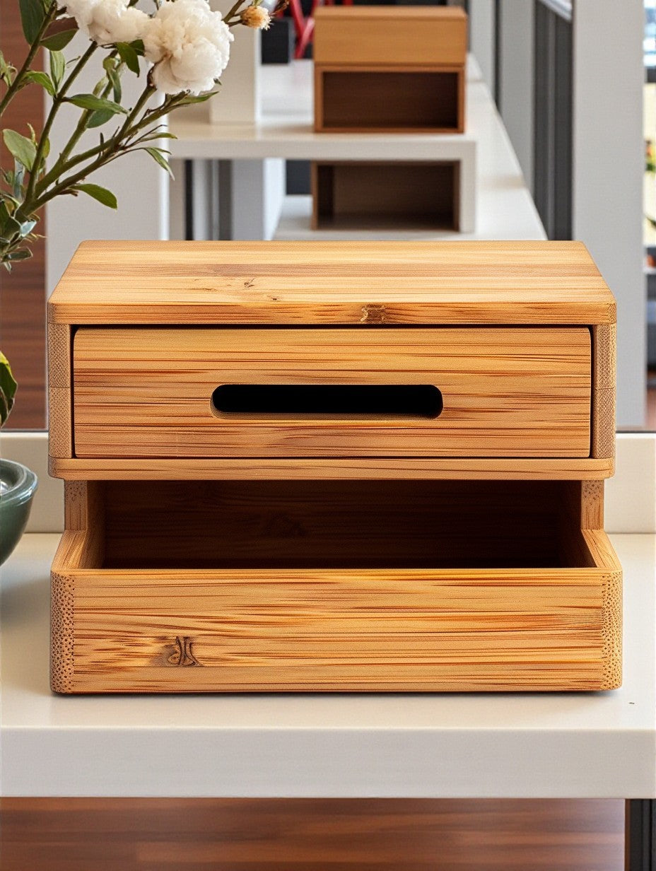 kovarn Natural Bamboo Desktop Organizer – Multifunctional Office Storage Box with Drawers